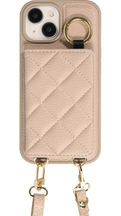 iPhone 15 Case H&uuml;lle - Gepolstertes Leder mit Spiegel und Kartenfach gro&szlig;e abnehmbare Riemen - Beige