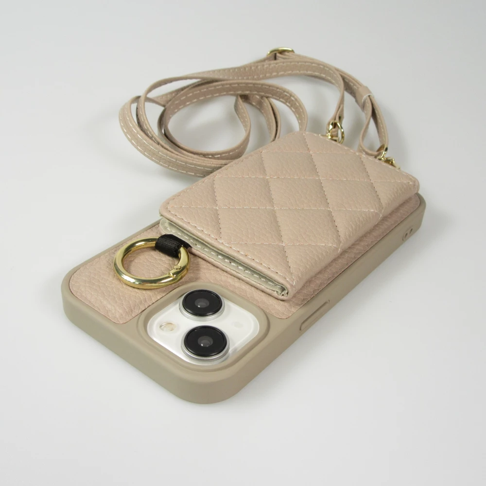 Coque iPhone 15 - Cuir matelass&eacute; avec miroir et compartiment carte inclus grande lani&egrave;re amovible - Beige