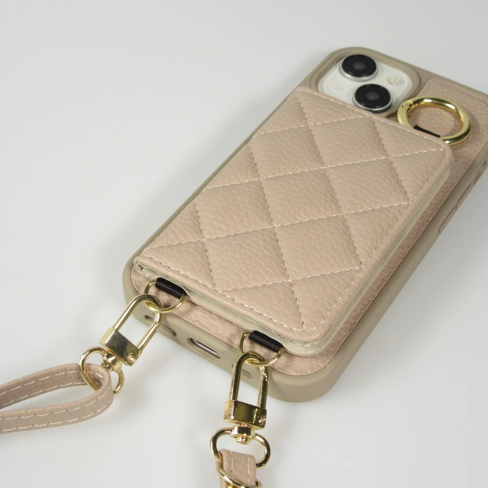 Coque iPhone 15 - Cuir matelass&eacute; avec miroir et compartiment carte inclus grande lani&egrave;re amovible - Beige