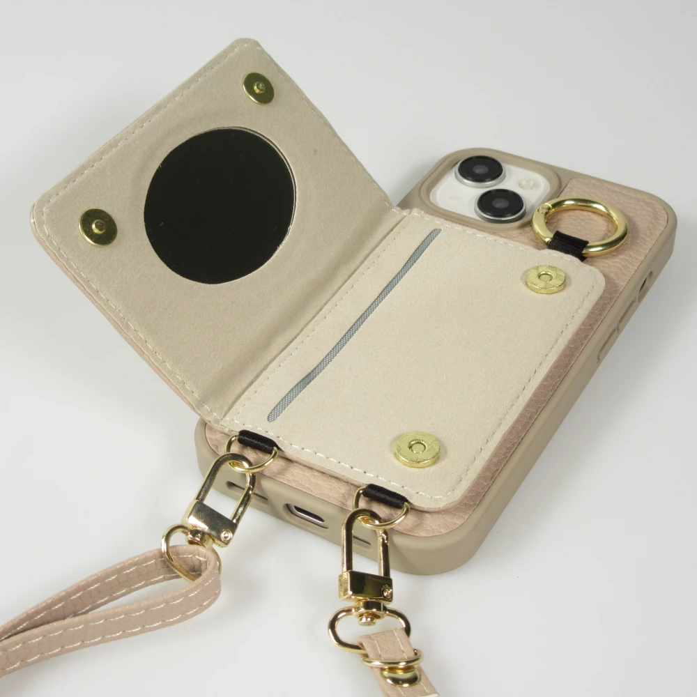 Coque iPhone 15 - Cuir matelass&eacute; avec miroir et compartiment carte inclus grande lani&egrave;re amovible - Beige