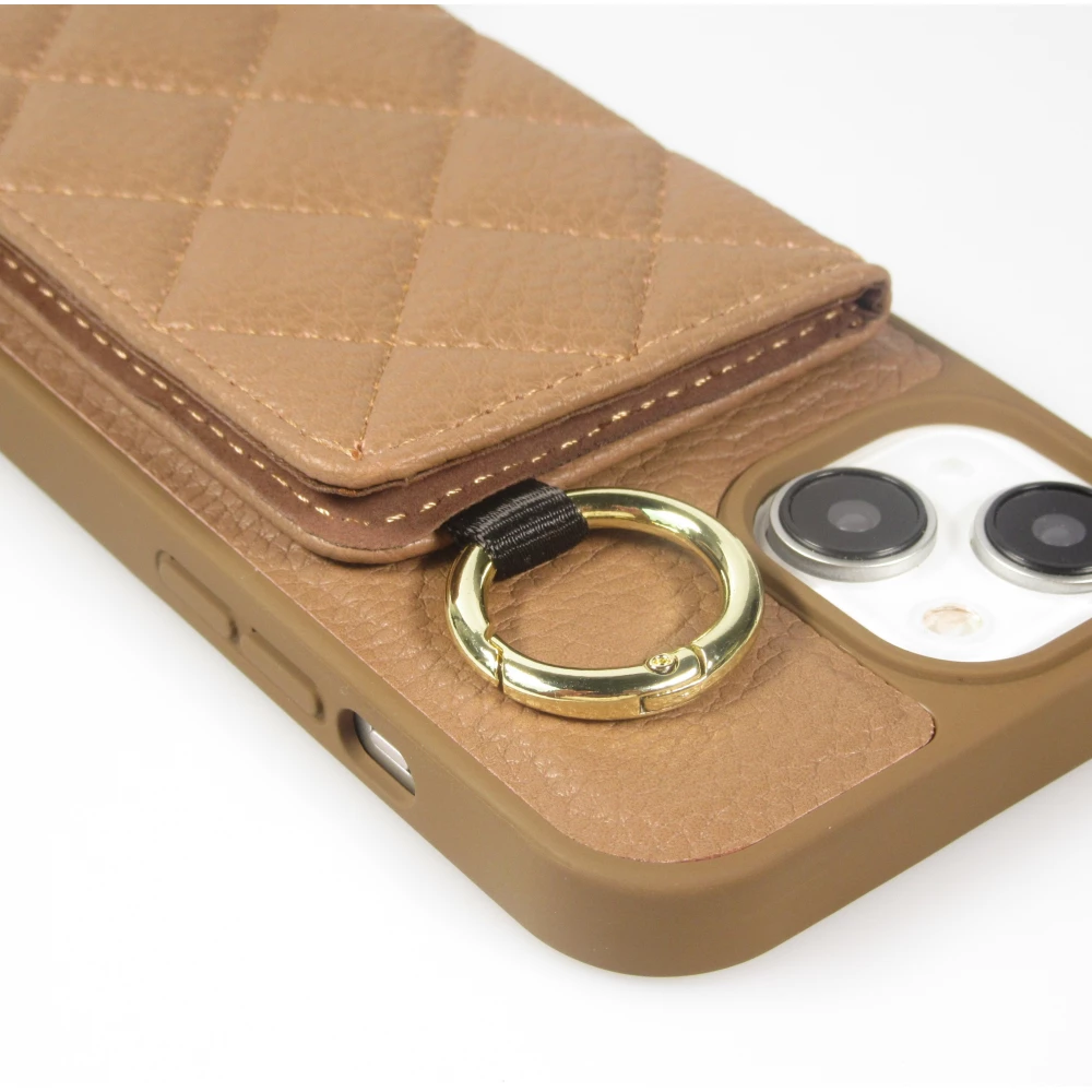 Coque iPhone 15 - Cuir matelass&eacute; avec miroir et compartiment carte inclus grande lani&egrave;re amovible - Brun