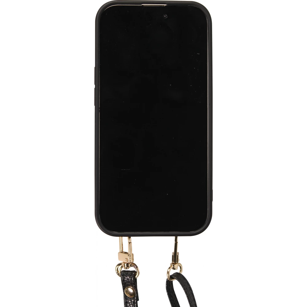 Coque iPhone 15 - Cuir matelass&eacute; avec miroir et compartiment carte inclus grande lani&egrave;re amovible - Noir