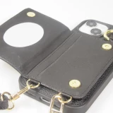 Coque iPhone 15 - Cuir matelass&eacute; avec miroir et compartiment carte inclus grande lani&egrave;re amovible - Noir