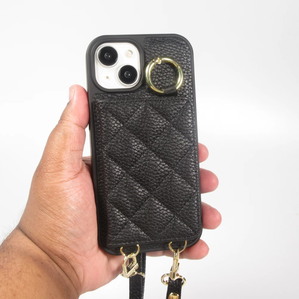Coque iPhone 15 - Cuir matelass&eacute; avec miroir et compartiment carte inclus grande lani&egrave;re amovible - Noir