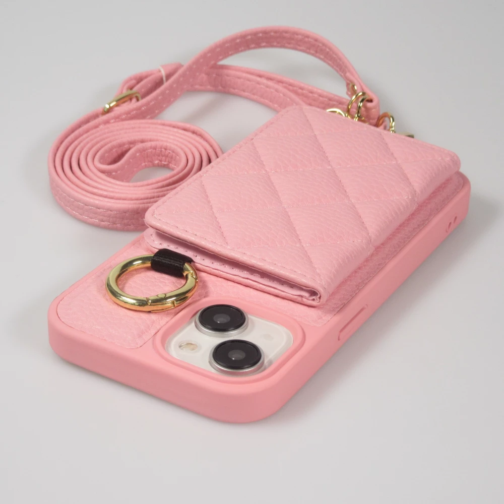 Coque iPhone 15 - Cuir matelass&eacute; avec miroir et compartiment carte inclus grande lani&egrave;re amovible - Rose