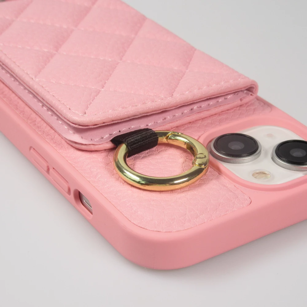 Coque iPhone 15 - Cuir matelass&eacute; avec miroir et compartiment carte inclus grande lani&egrave;re amovible - Rose