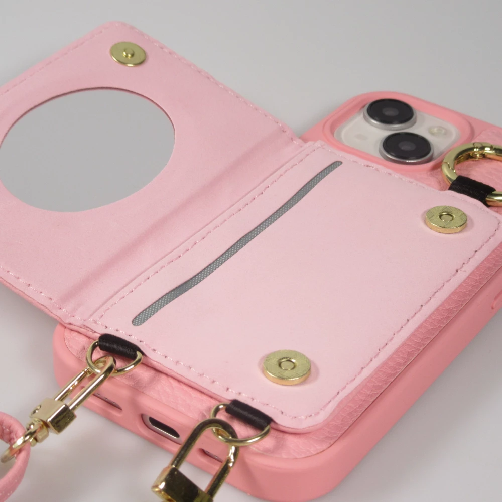 Coque iPhone 15 - Cuir matelass&eacute; avec miroir et compartiment carte inclus grande lani&egrave;re amovible - Rose