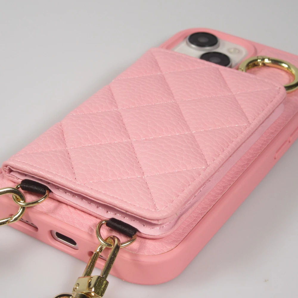 Coque iPhone 15 - Cuir matelass&eacute; avec miroir et compartiment carte inclus grande lani&egrave;re amovible - Rose