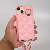 Coque iPhone 15 - Cuir matelass&eacute; avec miroir et compartiment carte inclus grande lani&egrave;re amovible - Rose
