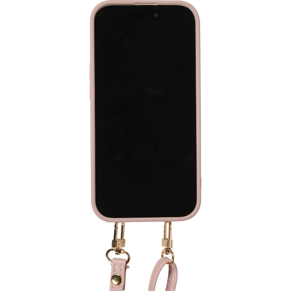 Coque iPhone 15 - Cuir matelass&eacute; avec miroir et compartiment carte inclus grande lani&egrave;re amovible - Violet clair