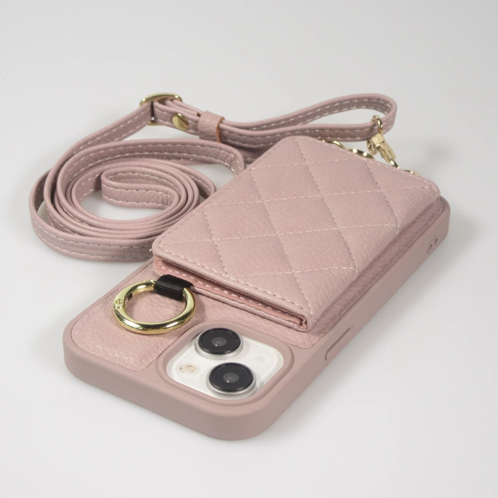 Coque iPhone 15 - Cuir matelass&eacute; avec miroir et compartiment carte inclus grande lani&egrave;re amovible - Violet clair