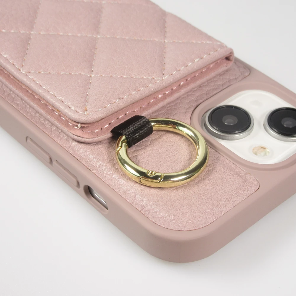 Coque iPhone 15 - Cuir matelass&eacute; avec miroir et compartiment carte inclus grande lani&egrave;re amovible - Violet clair