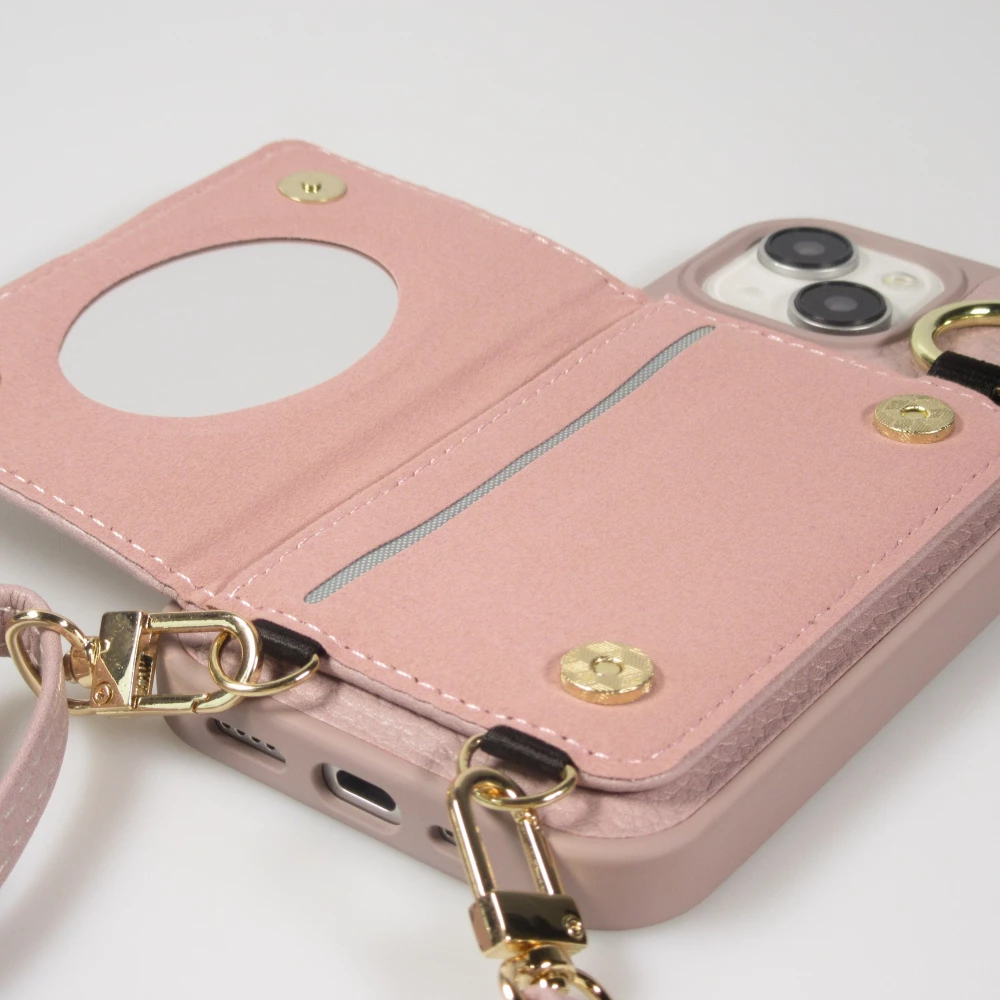 Coque iPhone 15 - Cuir matelass&eacute; avec miroir et compartiment carte inclus grande lani&egrave;re amovible - Violet clair