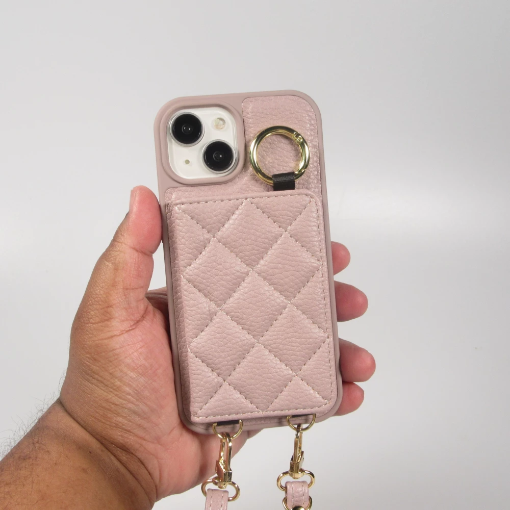 Coque iPhone 15 - Cuir matelass&eacute; avec miroir et compartiment carte inclus grande lani&egrave;re amovible - Violet clair