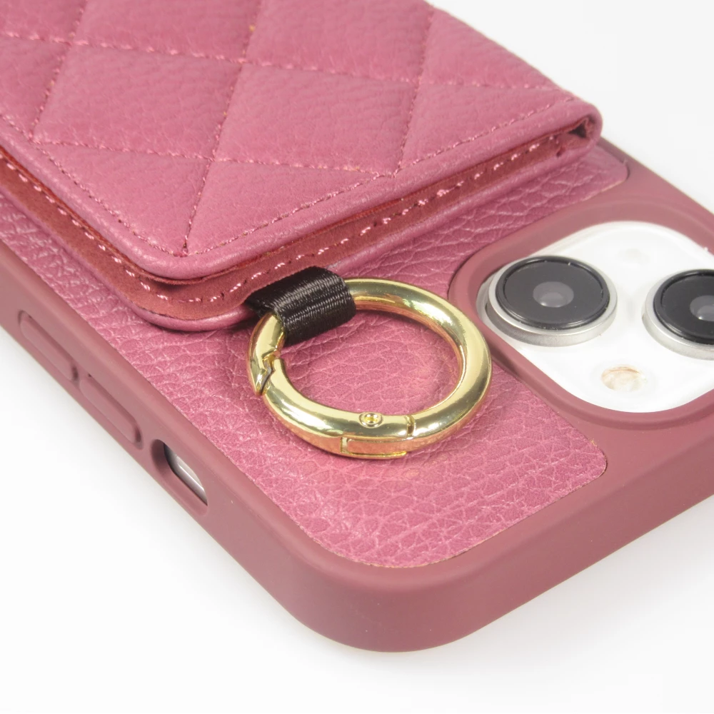 Coque iPhone 15 - Cuir matelass&eacute; avec miroir et compartiment carte inclus grande lani&egrave;re amovible - Violet fonc&eacute;