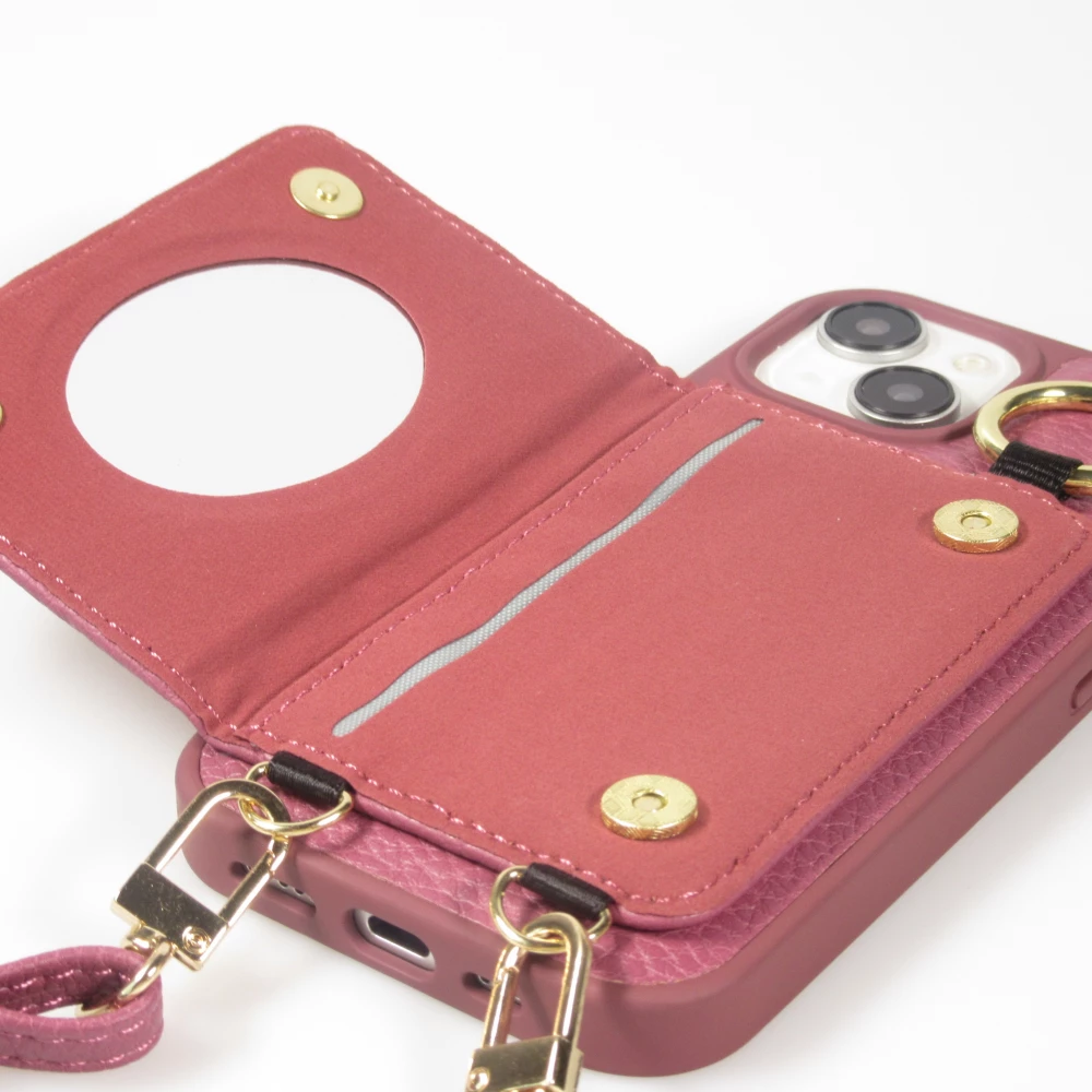 Coque iPhone 15 - Cuir matelass&eacute; avec miroir et compartiment carte inclus grande lani&egrave;re amovible - Violet fonc&eacute;