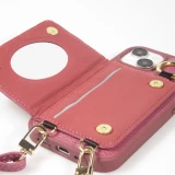 Coque iPhone 15 - Cuir matelass&eacute; avec miroir et compartiment carte inclus grande lani&egrave;re amovible - Violet fonc&eacute;