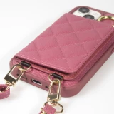Coque iPhone 15 - Cuir matelass&eacute; avec miroir et compartiment carte inclus grande lani&egrave;re amovible - Violet fonc&eacute;