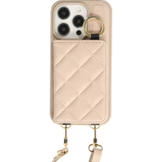 iPhone 15 Pro Case H&uuml;lle - Gepolstertes Leder mit Spiegel und Kartenfach gro&szlig;e abnehmbare Riemen - Beige