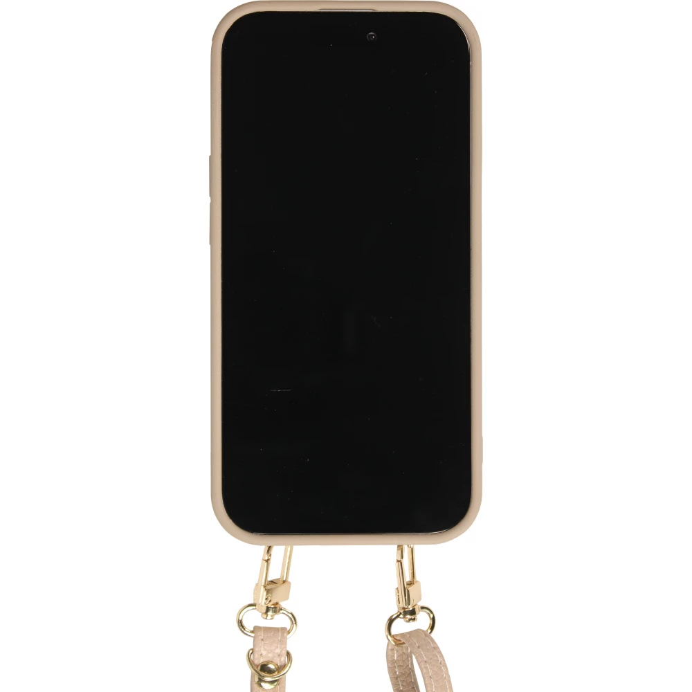 iPhone 15 Pro Case H&uuml;lle - Gepolstertes Leder mit Spiegel und Kartenfach gro&szlig;e abnehmbare Riemen - Beige