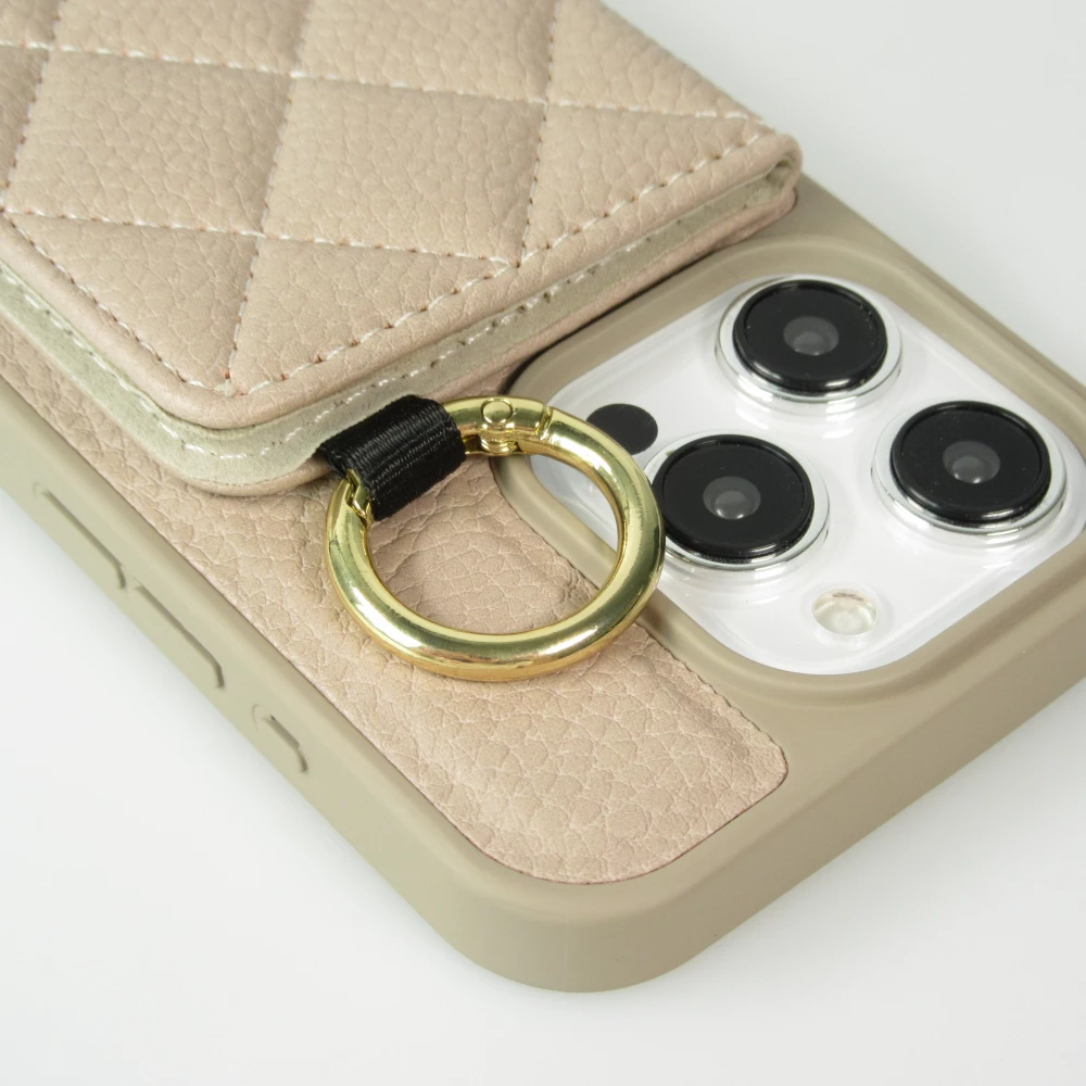 iPhone 15 Pro Case H&uuml;lle - Gepolstertes Leder mit Spiegel und Kartenfach gro&szlig;e abnehmbare Riemen - Beige