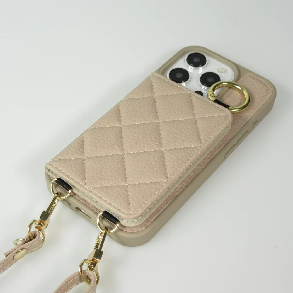 iPhone 15 Pro Case H&uuml;lle - Gepolstertes Leder mit Spiegel und Kartenfach gro&szlig;e abnehmbare Riemen - Beige