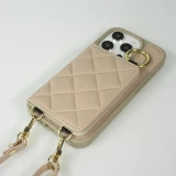 iPhone 15 Pro Case H&uuml;lle - Gepolstertes Leder mit Spiegel und Kartenfach gro&szlig;e abnehmbare Riemen - Beige