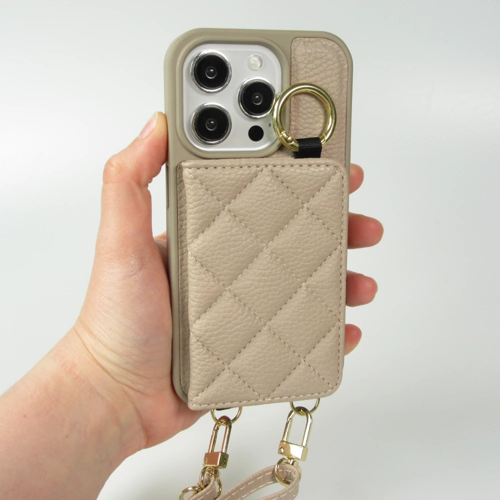 iPhone 15 Pro Case H&uuml;lle - Gepolstertes Leder mit Spiegel und Kartenfach gro&szlig;e abnehmbare Riemen - Beige