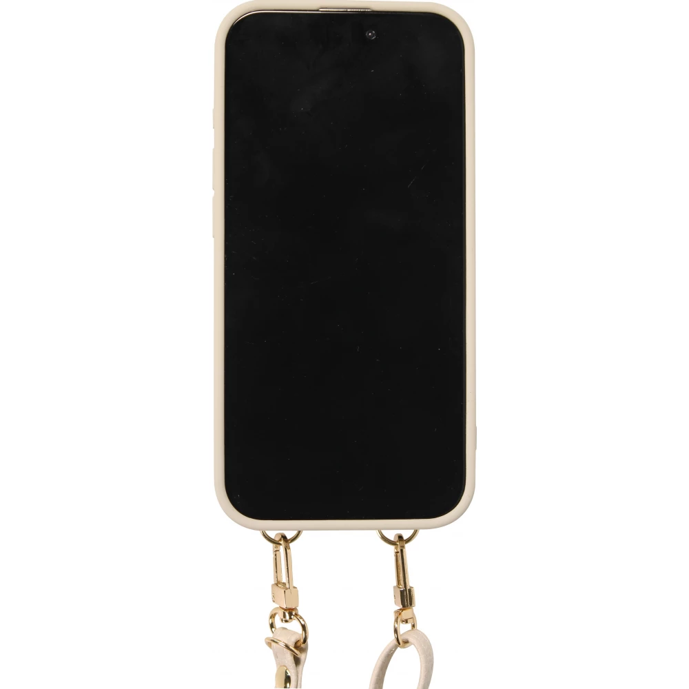 iPhone 15 Pro Case H&uuml;lle - Gepolstertes Leder mit Spiegel und Kartenfach gro&szlig;e abnehmbare Riemen - Weiss