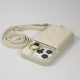 iPhone 15 Pro Case H&uuml;lle - Gepolstertes Leder mit Spiegel und Kartenfach gro&szlig;e abnehmbare Riemen - Weiss