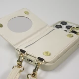 iPhone 15 Pro Case H&uuml;lle - Gepolstertes Leder mit Spiegel und Kartenfach gro&szlig;e abnehmbare Riemen - Weiss