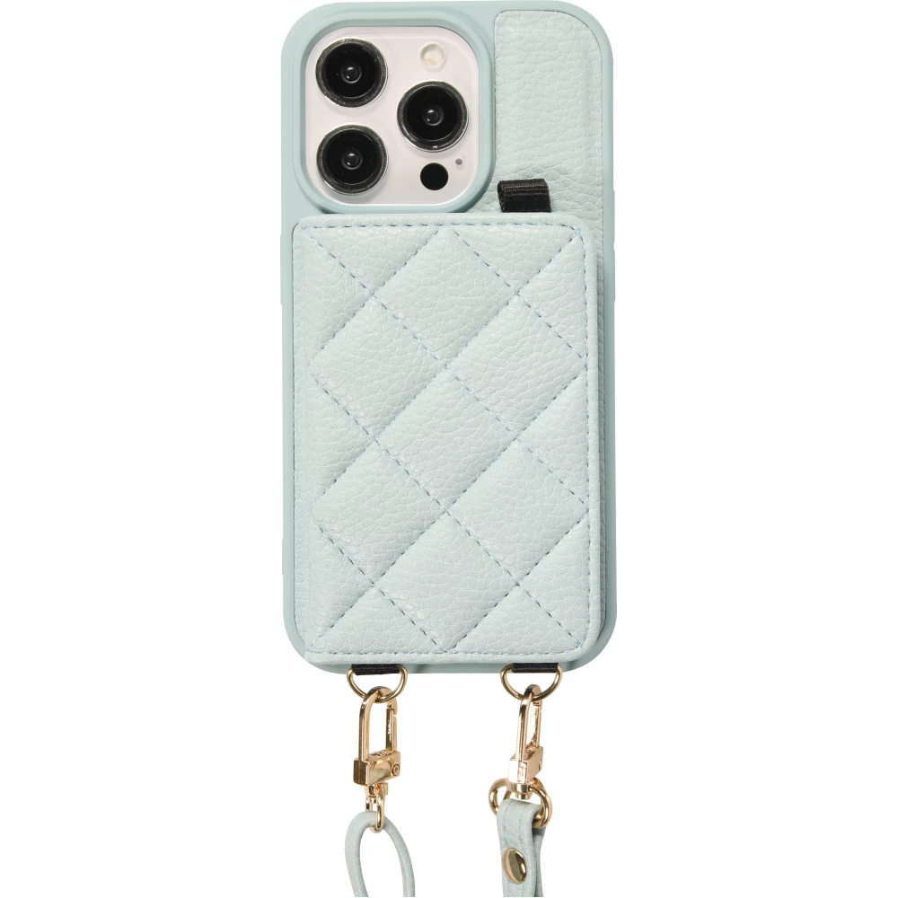 iPhone 15 Pro Case H&uuml;lle - Gepolstertes Leder mit Spiegel und Kartenfach gro&szlig;e abnehmbare Riemen - Blau