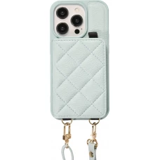 iPhone 15 Pro Case H&uuml;lle - Gepolstertes Leder mit Spiegel und Kartenfach gro&szlig;e abnehmbare Riemen - Blau