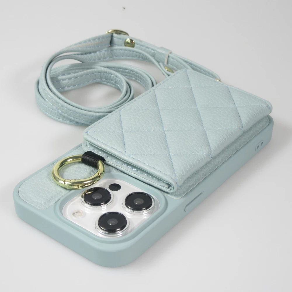 iPhone 15 Pro Case H&uuml;lle - Gepolstertes Leder mit Spiegel und Kartenfach gro&szlig;e abnehmbare Riemen - Blau