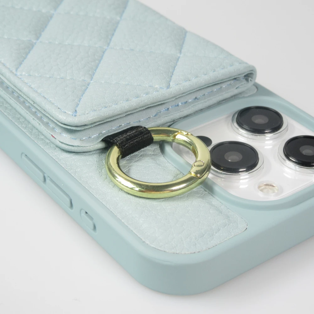 iPhone 15 Pro Case H&uuml;lle - Gepolstertes Leder mit Spiegel und Kartenfach gro&szlig;e abnehmbare Riemen - Blau