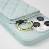 iPhone 15 Pro Case H&uuml;lle - Gepolstertes Leder mit Spiegel und Kartenfach gro&szlig;e abnehmbare Riemen - Blau