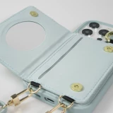 iPhone 15 Pro Case H&uuml;lle - Gepolstertes Leder mit Spiegel und Kartenfach gro&szlig;e abnehmbare Riemen - Blau