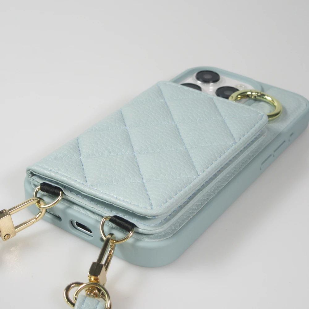 iPhone 15 Pro Case H&uuml;lle - Gepolstertes Leder mit Spiegel und Kartenfach gro&szlig;e abnehmbare Riemen - Blau