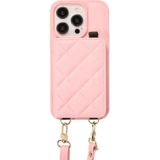 iPhone 15 Pro Case H&uuml;lle - Gepolstertes Leder mit Spiegel und Kartenfach gro&szlig;e abnehmbare Riemen - Rosa