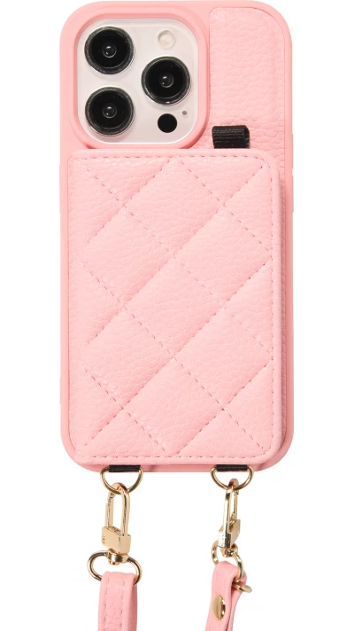 Coque iPhone 15 Pro - Cuir matelass&eacute; avec miroir et compartiment carte inclus grande lani&egrave;re amovible - Rose