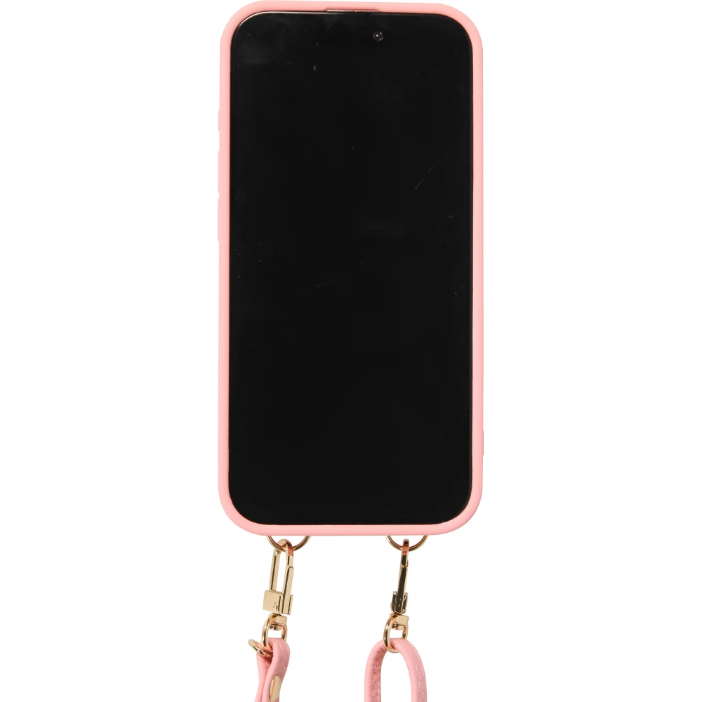 iPhone 15 Pro Case H&uuml;lle - Gepolstertes Leder mit Spiegel und Kartenfach gro&szlig;e abnehmbare Riemen - Rosa