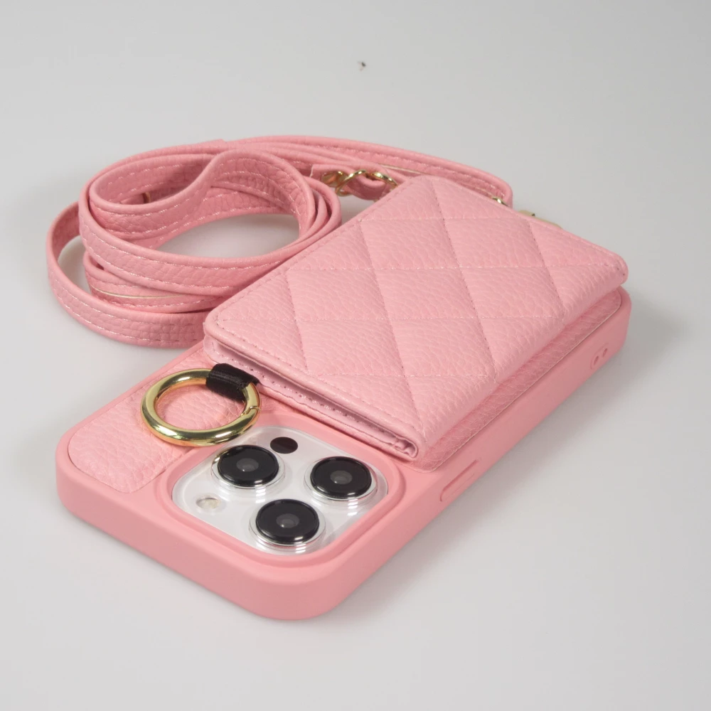 iPhone 15 Pro Case H&uuml;lle - Gepolstertes Leder mit Spiegel und Kartenfach gro&szlig;e abnehmbare Riemen - Rosa