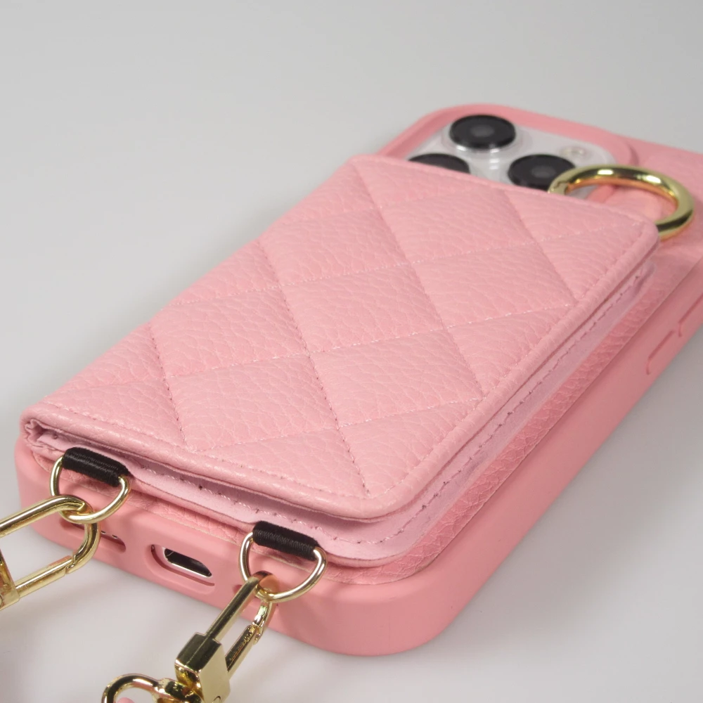 iPhone 15 Pro Case H&uuml;lle - Gepolstertes Leder mit Spiegel und Kartenfach gro&szlig;e abnehmbare Riemen - Rosa