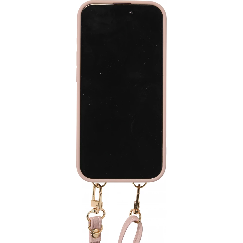 Coque iPhone 15 Pro - Cuir matelass&eacute; avec miroir et compartiment carte inclus grande lani&egrave;re amovible - Violet clair