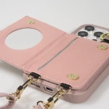 Coque iPhone 15 Pro - Cuir matelass&eacute; avec miroir et compartiment carte inclus grande lani&egrave;re amovible - Violet clair