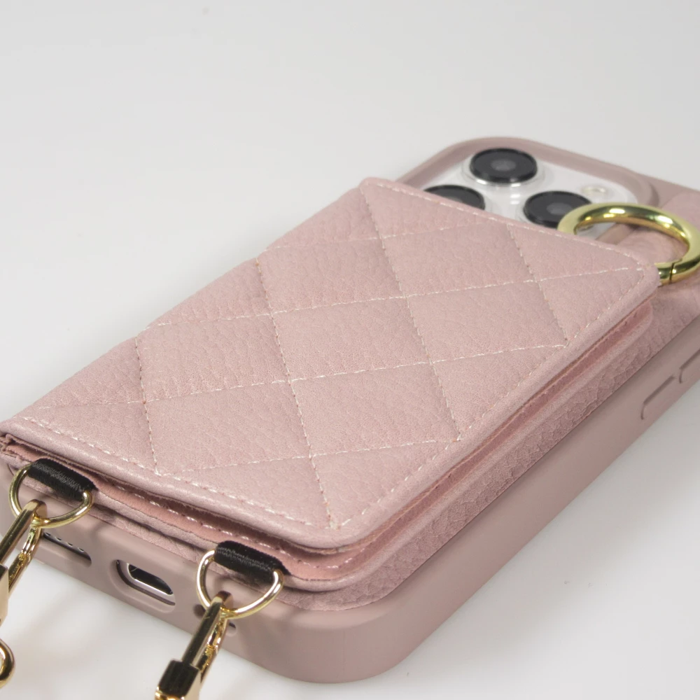 Coque iPhone 15 Pro - Cuir matelass&eacute; avec miroir et compartiment carte inclus grande lani&egrave;re amovible - Violet clair
