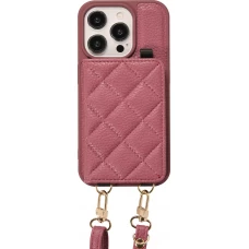 Coque iPhone 15 Pro - Cuir matelass&eacute; avec miroir et compartiment carte inclus grande lani&egrave;re amovible - Violet fonc&eacute;