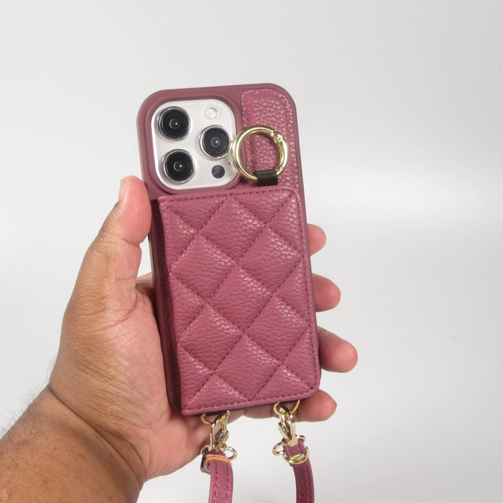 Coque iPhone 15 Pro - Cuir matelass&eacute; avec miroir et compartiment carte inclus grande lani&egrave;re amovible - Violet fonc&eacute;