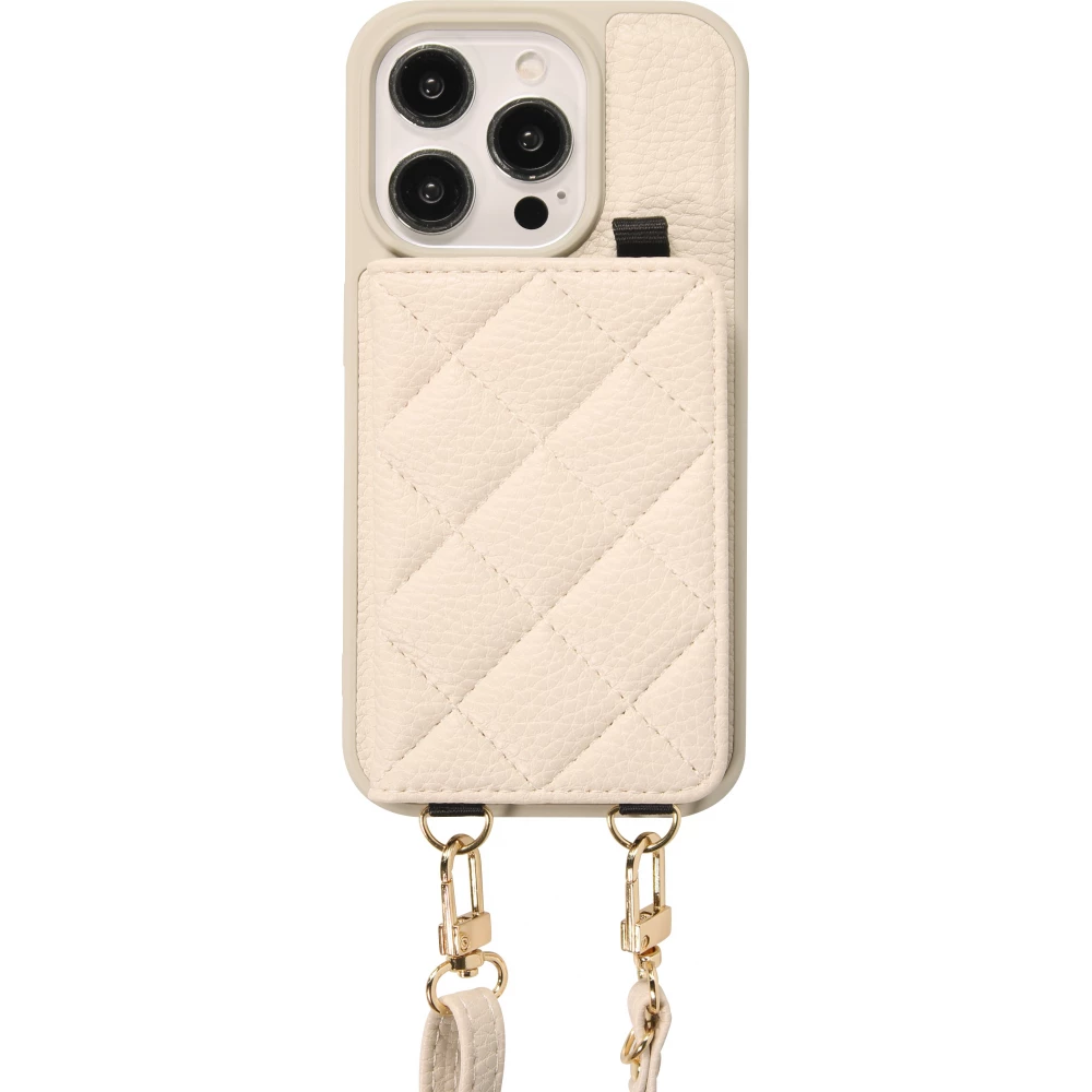 iPhone 15 Pro Max Case H&uuml;lle - Gepolstertes Leder mit Spiegel und Kartenfach gro&szlig;e abnehmbare Riemen - Weiss