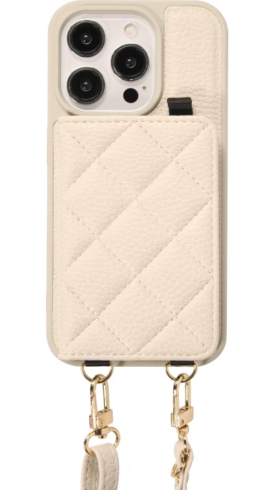Coque iPhone 15 Pro Max - Cuir matelass&eacute; avec miroir et compartiment carte inclus grande lani&egrave;re amovible - Blanc